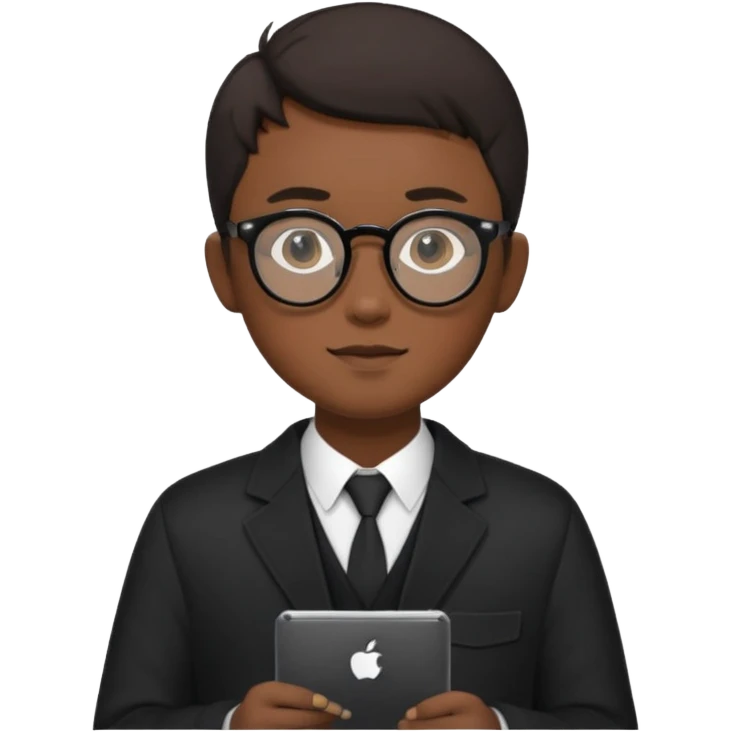 a asia man guy his 20s wearing an apple notebook, wearing bodyguard radio operator, round glasses, blackclothes emoji
