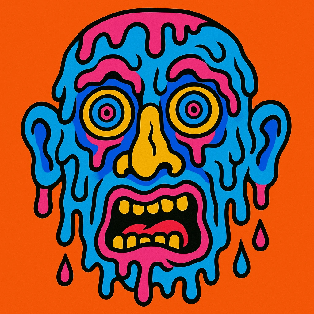 freaky face, surreal, melting, vibrant colors, cartoon style emoji