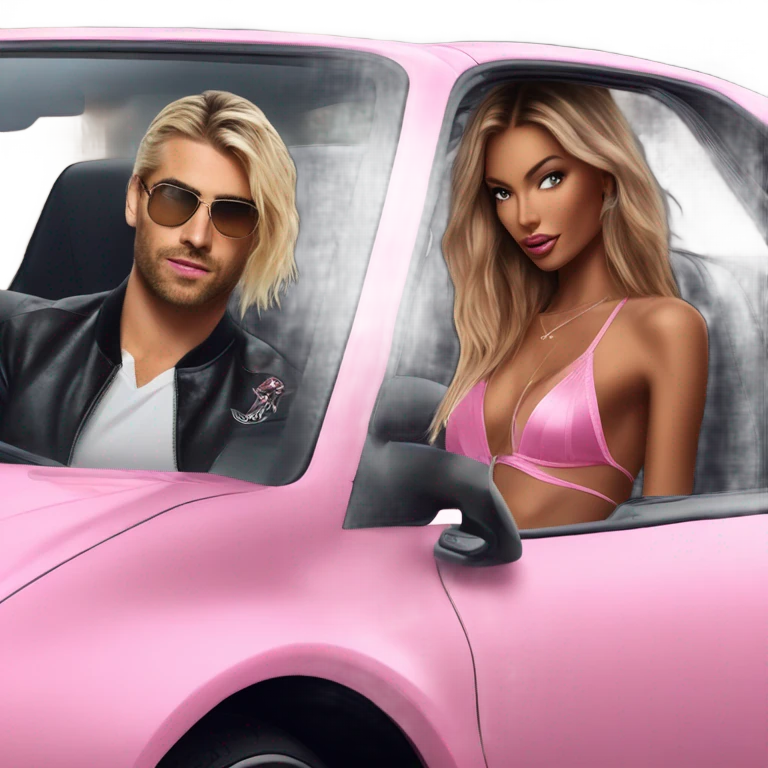 Photo of Victoria secret model driving in a sports car with a tattooed male model  emoji
