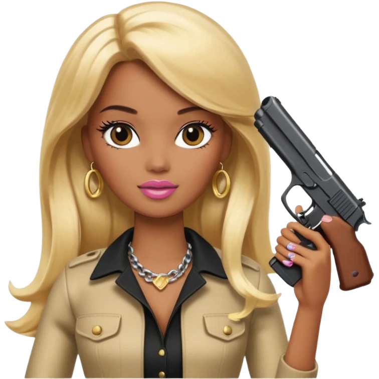Brown skin blonde hair barbie with black gun emoji