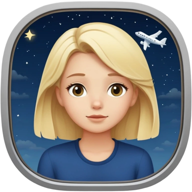 Blonde girl looking out a window at the night sky watching a plane go by emoji