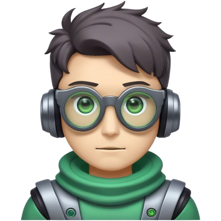 estilo de emote de twitch, personaje con gafas roboticas con ojos verdes, color de piel gris oscuro pero el cuello color piel normal, tiene la sudadera del personaje Agoti de FNF y el pelo castaño y desordenado emoji