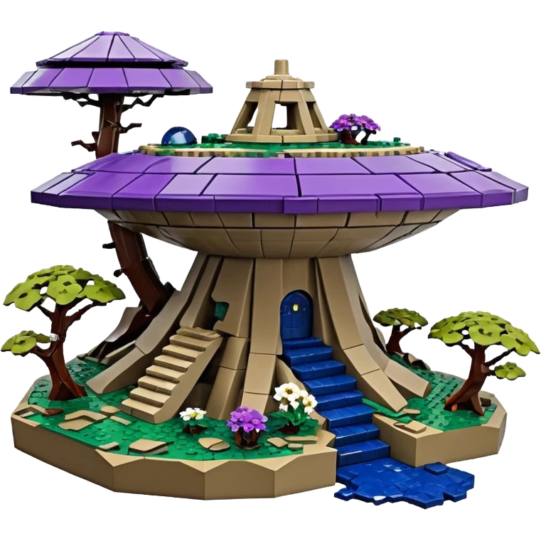 Crashed Alien saucer-castle jungle Lego winding footpath mountainside getaway haunted nighttime hobbit landscape antique mudman very old broken cracked intricate Stone Age lapis-crusted irregular dodecagon-shaped shallow dark moss rough bark violet flowered maple treehouse bonsai Saikei emoji