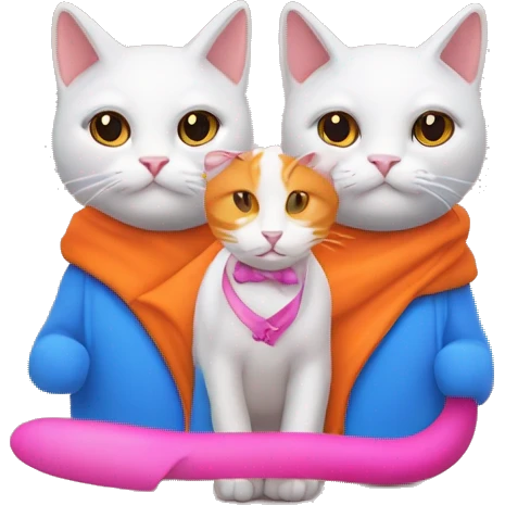 Dos gatos, uno de ellos naranja con un lazo azul y otro de ellos carey con un lazo rosa  emoji