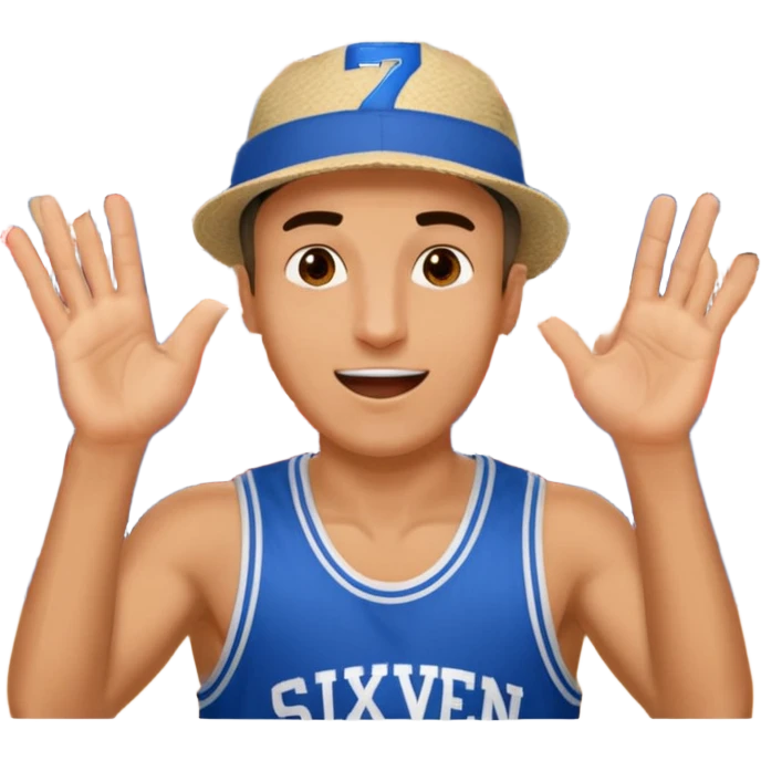 Maverick Trevillian in the crowd at an amateur basketball game. He leans towards the camera and enthusiastically shouts "six seven while performing a distinctive hand gesture: both hands open, palms facing upward, moving up and down as if weighing two options. emoji