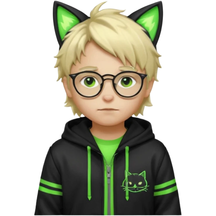 Light blond, slightly messy hair
Black glasses
A black hoodie with cat ears
Neon green details on the jacket and pants (glowing lines and stripes)
An overall hacker / cyberpunk style look
A neutral facial expression (boy )eyes brown) the hood with ears BROWN EYE emoji