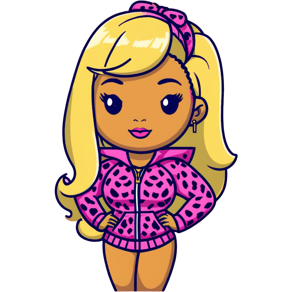 Nicki Minaj wearing a pink leopard print outfit with hair that is half blonde and half pink emoji