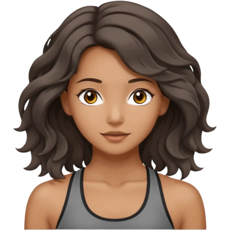 a brunette girl doing yoga, she is wearing a grey fit and she has dark wavy and loose hair.  emoji
