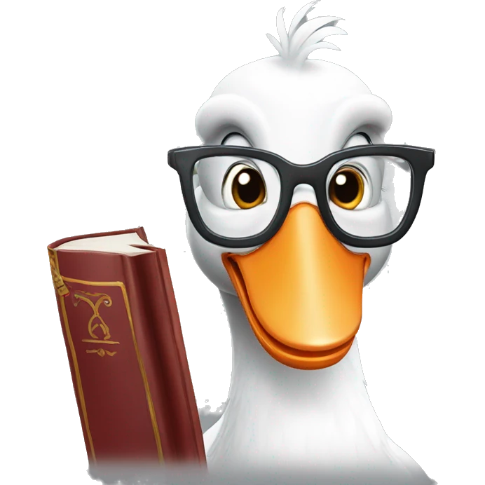Funny goose in glasses with a book emoji