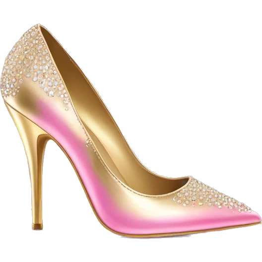 Realistic isolated top view of a pair of metallic light gold and metallic light bubblegum pink pointed toe high heel shoes with gold diamonds on the top of the toes. emoji