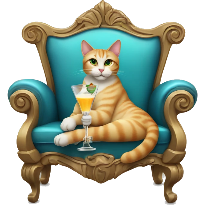A cat lounging on a throne holding a fancy martini glass filled with milk emoji