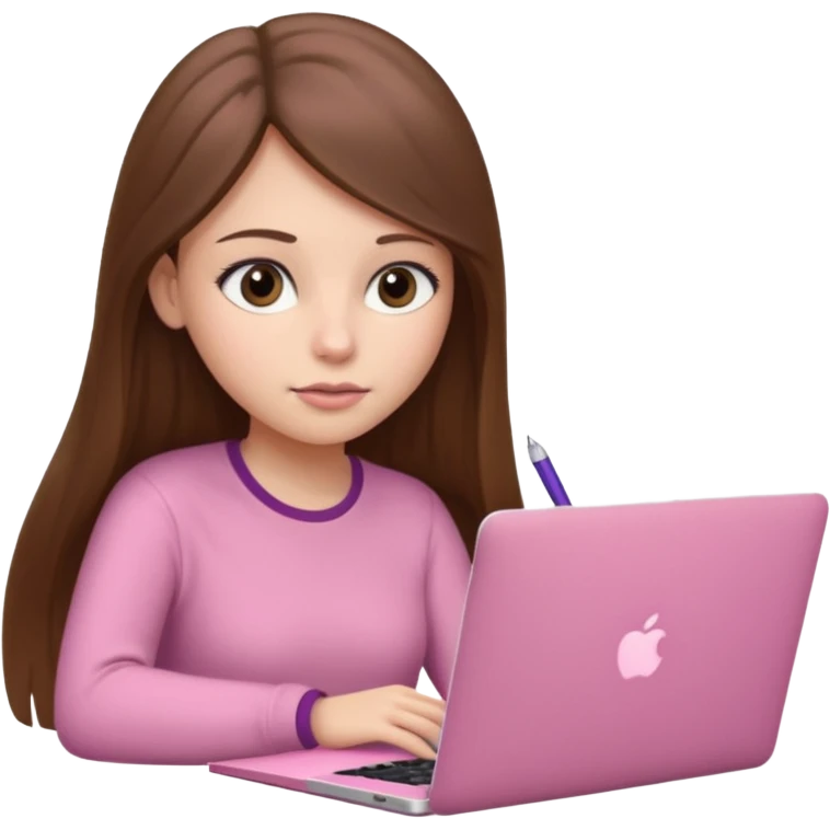 Chica lacia peli larga y peli larga  en una MacBook rosa investigando y haciendo tareas con un libro de apuntes y con cara muy linda como modelo emoji