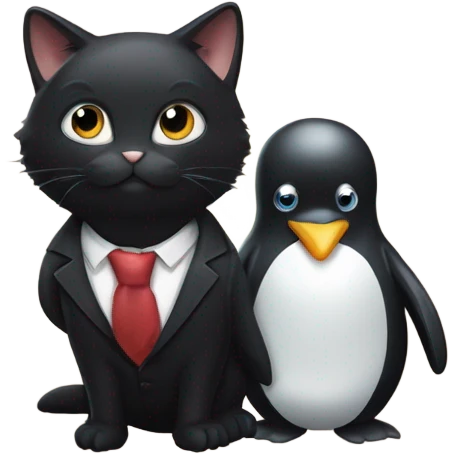 A mixture of a small eyed black cat and a penguin emoji