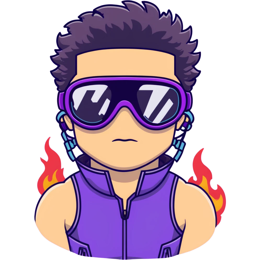 male athlete with white skin and moderately curly black hair on top with shaved sides, wearing ski goggles with purple frames and very dark black lenses, a simple plain black chain necklace, and a completely unzipped sleeveless vest with purple and black sequin fire pattern design, fully revealing his chest, shoulders and arms, no earrings emoji