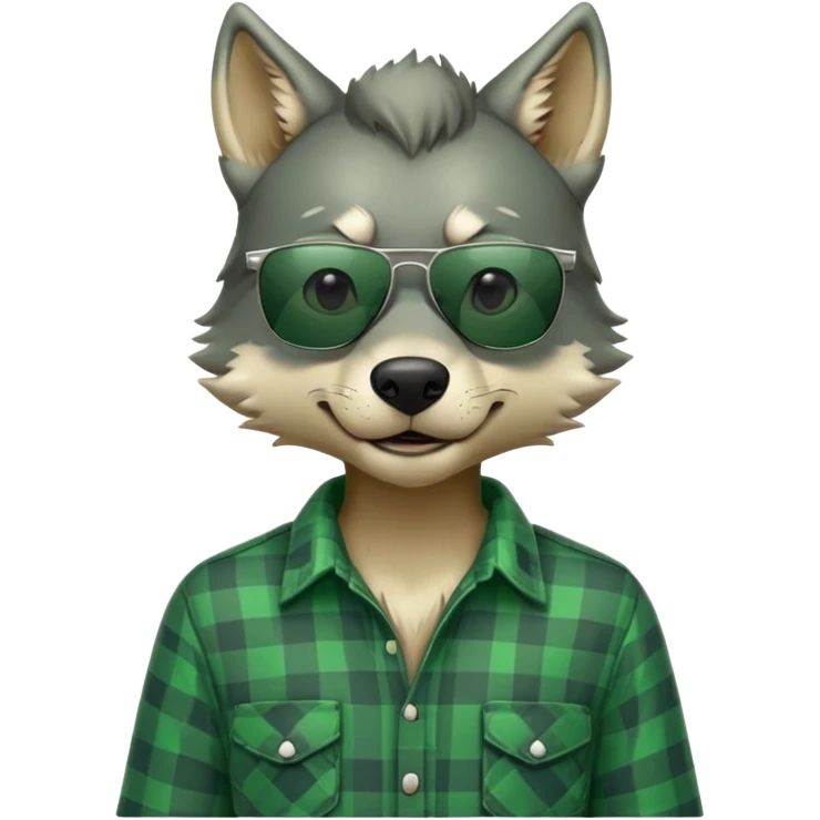 friendly anthropomorphised wolf in green plaid shirt and green attire for St. Patrick's Day, wearing dark sunglasses, upright pose emoji