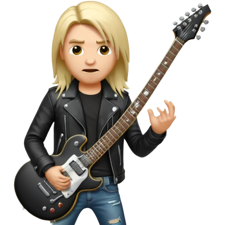 3D Apple-style emoji of a metal musician. Long hair, black leather jacket, ripped jeans, holding an electric guitar. Intense expression, glossy, rounded, smooth, soft shadows, white background.









 emoji
