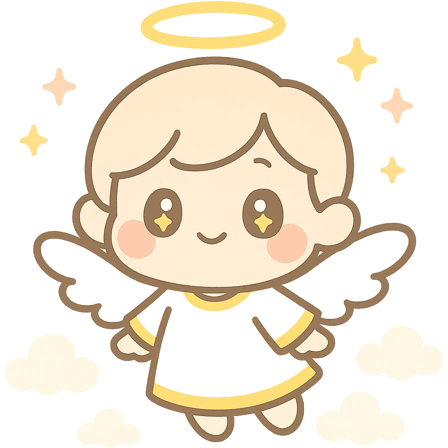 chibi angel with round face, glowing halo, small white wings, gold eyes, blushing cheeks, pastel white and gold clothes, floating, dreamy look, sparkles and clouds, kawaii sticker emoji