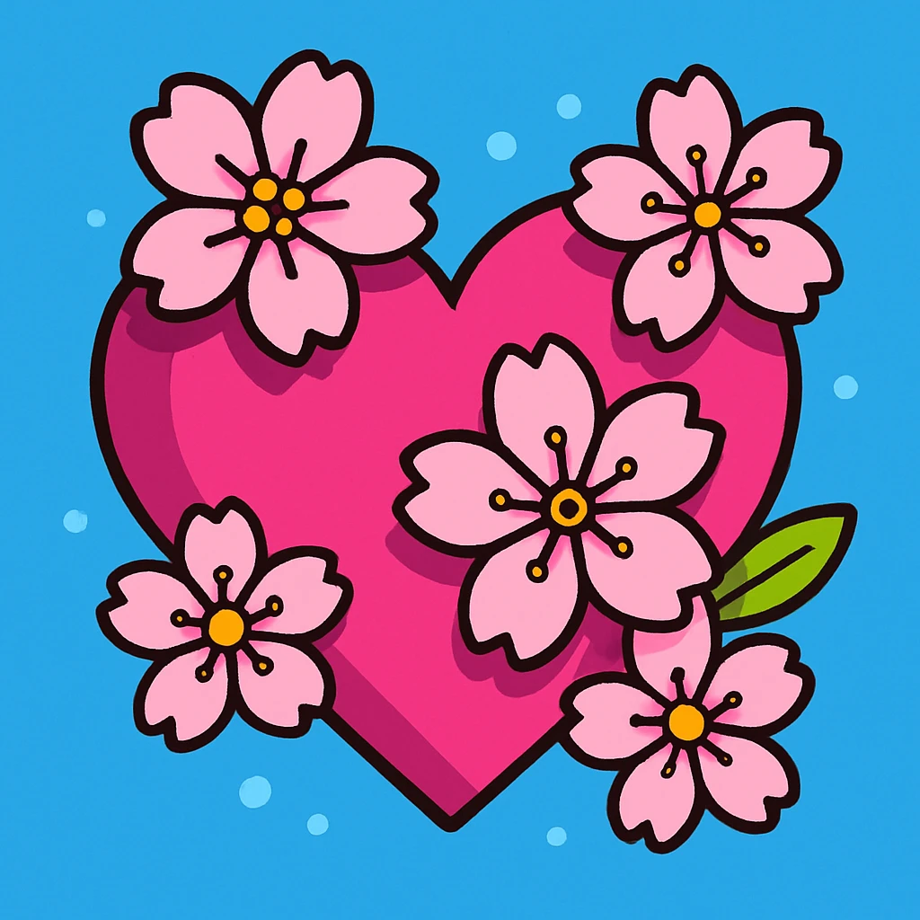 pink heart with sakura flowers, vibrant toon style, bright and lively emoji