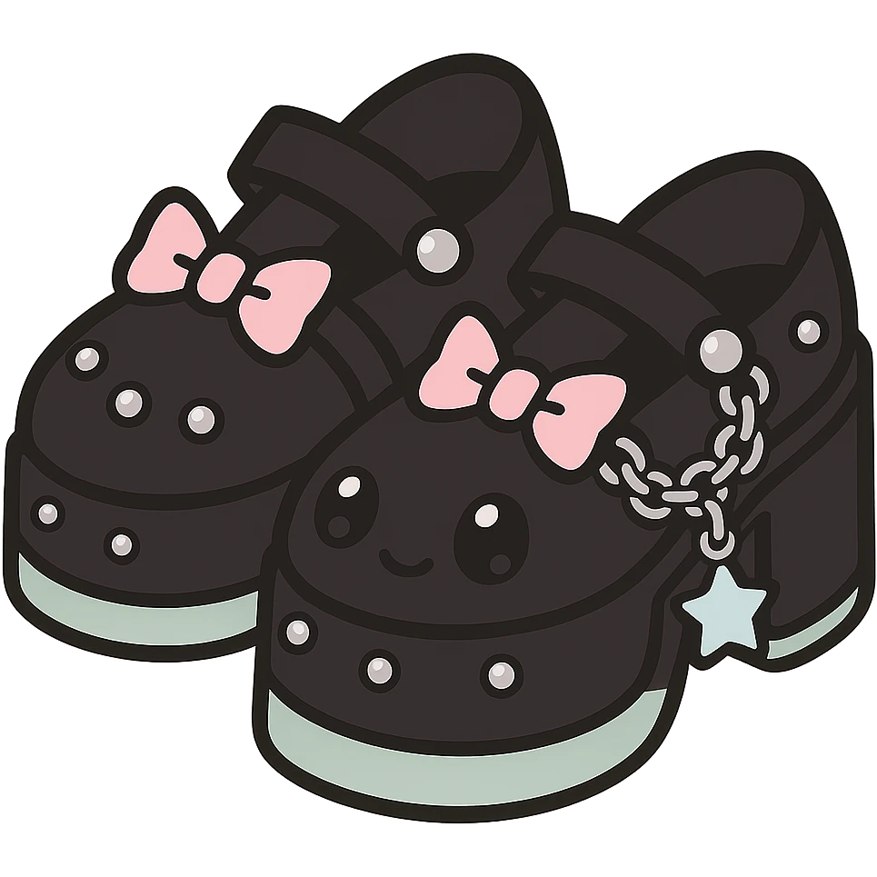 Add silver studs and chains to the primarily black kawaii gothic shoes with pink and pastel accents, no socks, no hearts, transparent background emoji