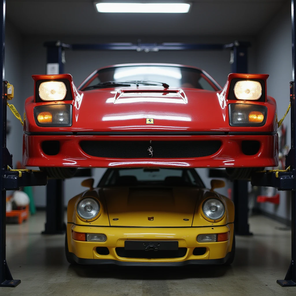 realistic front view of a Ferrari F40 on a car lift with a yellow Porsche GT3 RS underneath, dramatic lighting, transparent background emoji