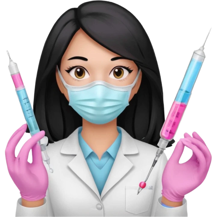 laboratorista con guantes rosa pastel y mascarilla rosa pastel jeringa tubo laboratorio sin lentes pelo lacio negro y largo emoji