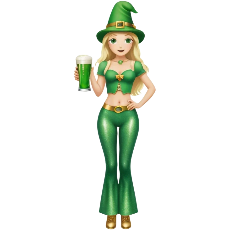 Blonde haired pretty woman with freckles glittery green bell bottoms and tall leprechaun hat holding a green beer emoji