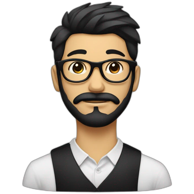Joven japones con barba de candado y bigote negro. Cabello lacio, ojos negros y gafas rectangulares negras emoji
