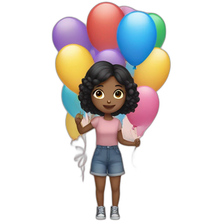 girl with black hair holds balloons in her hands emoji
