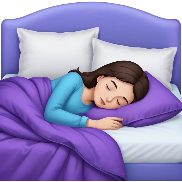 a white bed with a purple-blue duvet cover and a girl sleeping in it with dark brown hair emoji