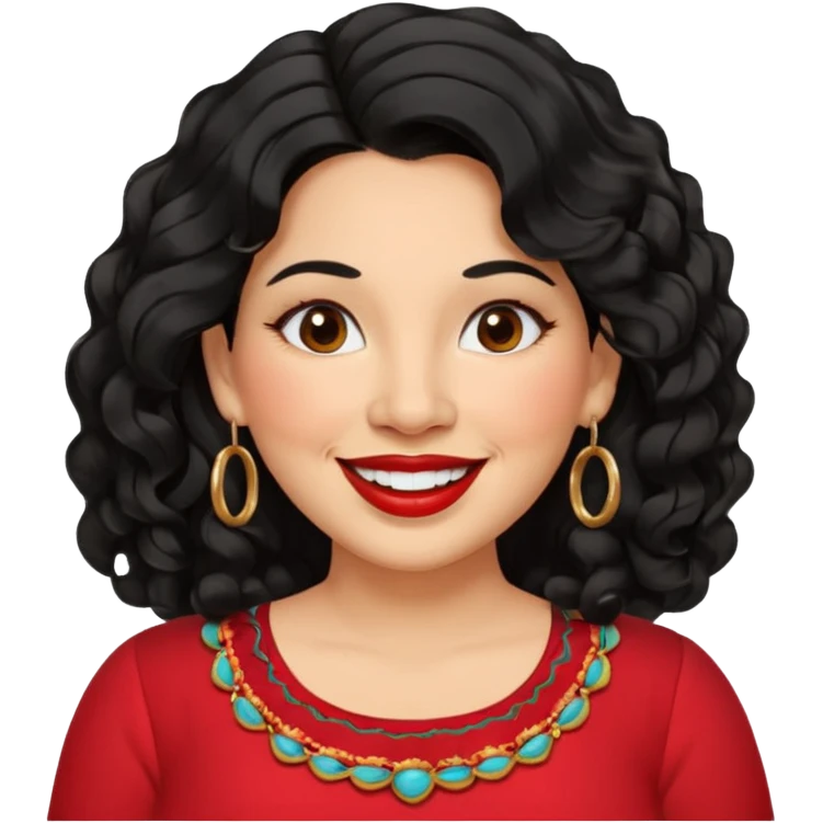 40 yr old Mexican woman, slightly chubby, wavy/curly long black hair, red lipstick, big smile, white teeth, brown eyes, hoop earings, side part to hair, round face, nice blouse, no wrinkle hair side swept, big hoop earing emoji