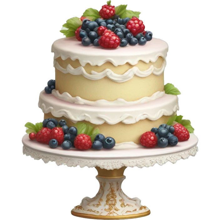 aesthetic vintage rococo cake with white icing, berries on cake stand  emoji