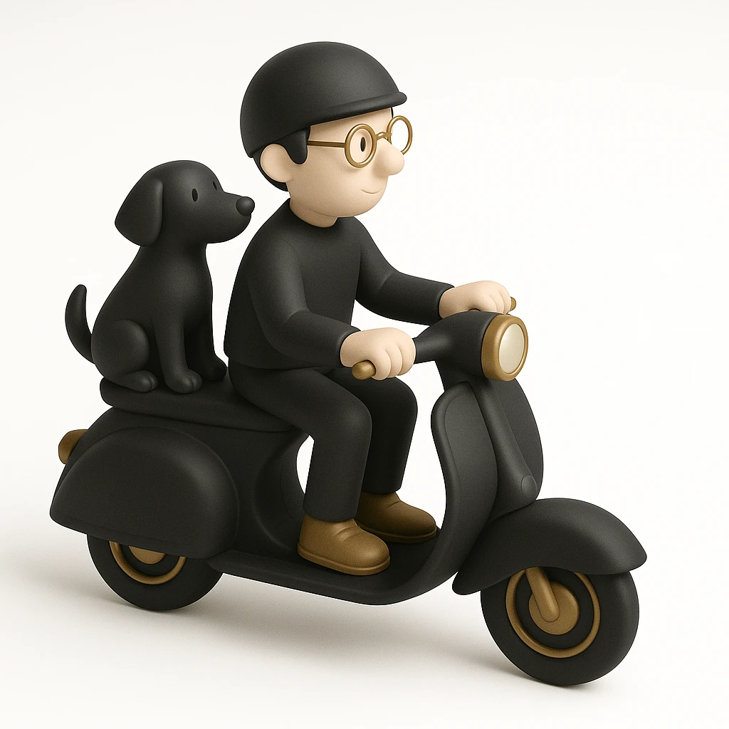 man and his pet dog riding a vespa emoji