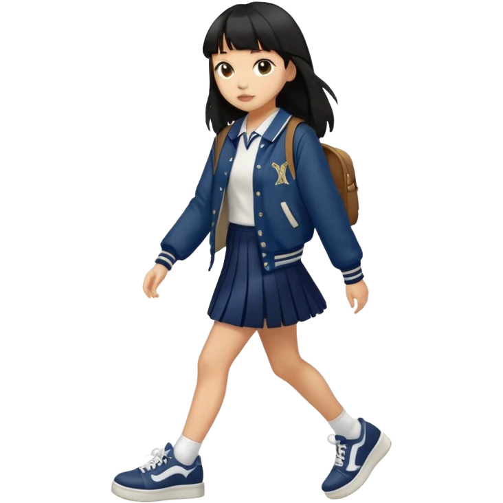 hair : black long hair with fringe 
skin : light 
outer : deep brown varsity jacket (oversize) 
skirt : navy long long school girl skirt (under knee)  
motion : walking alone 


 emoji
