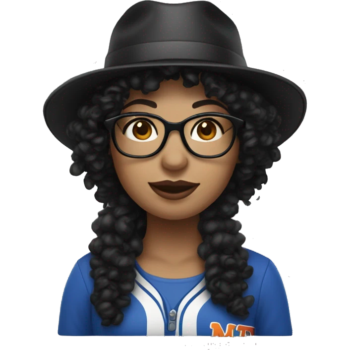 fair skinned woman with black curly hair and Mets hat and glasses emoji