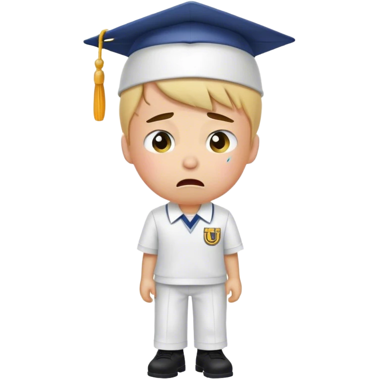 Create an emoji of a student with white skin tone crying. He is wearing a university uniform, including a shirt and pants and hat. The man is visibly upset, with tears streaming down his face. The background should be simple to emphasize his emotional state, conveying the feeling of being overwhelmed with school stress or personal struggles emoji