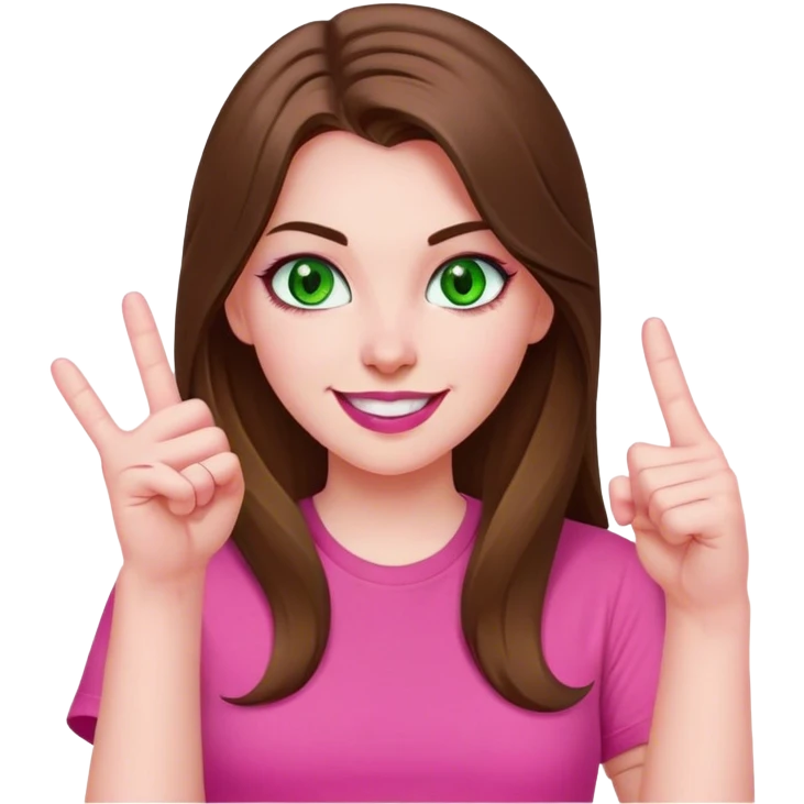 mid sized white skinned girl with green eyes and long brown hair showing her middle finger smiling maniacally in a pink t-shirt with pink lips emoji