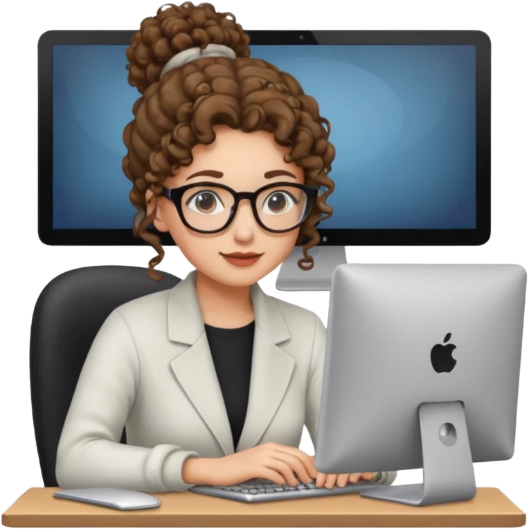 chica con pelo rizado en moño al ordenador emoji