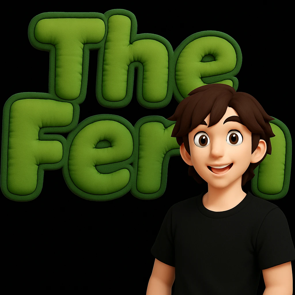 Edit the anime man to wear a black t-shirt with no jacket, standing in front of green bubble letters that say 'The Fern'. Keep his medium-length brown hair and expressive anime face. Maintain a thick, soft, cheerful, 3D vibe in the style of the original image. emoji