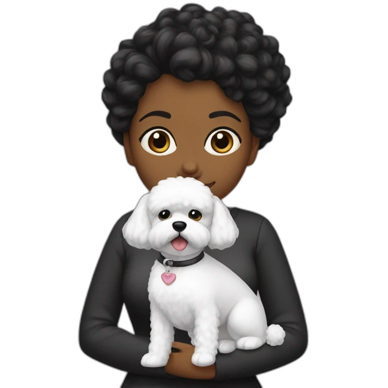 mujer pelo negro con peinado de moño y perro bichon maltés blanco emoji