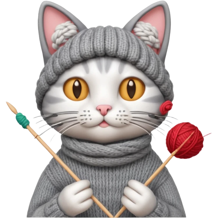 knitting cat portrait, head and shoulders only, cute cat holding knitting needles and yarn, cozy expression, warm handmade vibe, 3D cartoon style, mobile game icon style, clean background, no text, no watermark
 emoji