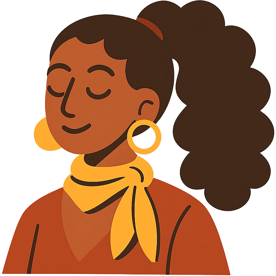 boho girl with brown skin, long curly brown hair in a high ponytail, lemon yellow scarf, round earrings emoji