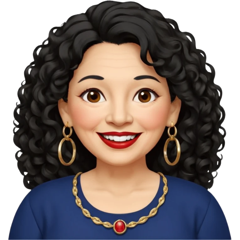 60 yr old Mexican woman, slightly chubby, wavy/curly long black hair, red lipstick, big smile, white teeth, brown eyes, hoop earings, side part to hair, round face, nice blouse, no wrinkle hair side swept, big hoop earing emoji