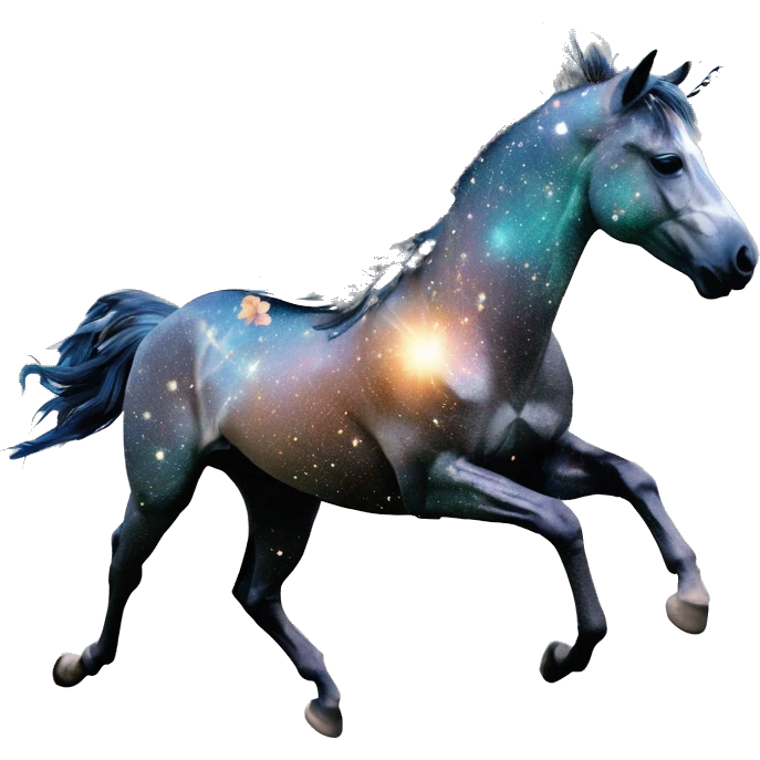 Ethereal zebra newspaper cutting flowers graffiti magazine collage glittering iridescent rich chestnut brown blue mane horse galloping through constellations and nebulas, unicorn Pegasus emoji