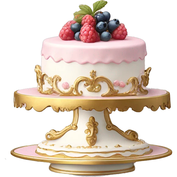 aesthetic vintage rococo cake with white icing, pale pink icing, berries on a gold and white ceramic plate stand  emoji
