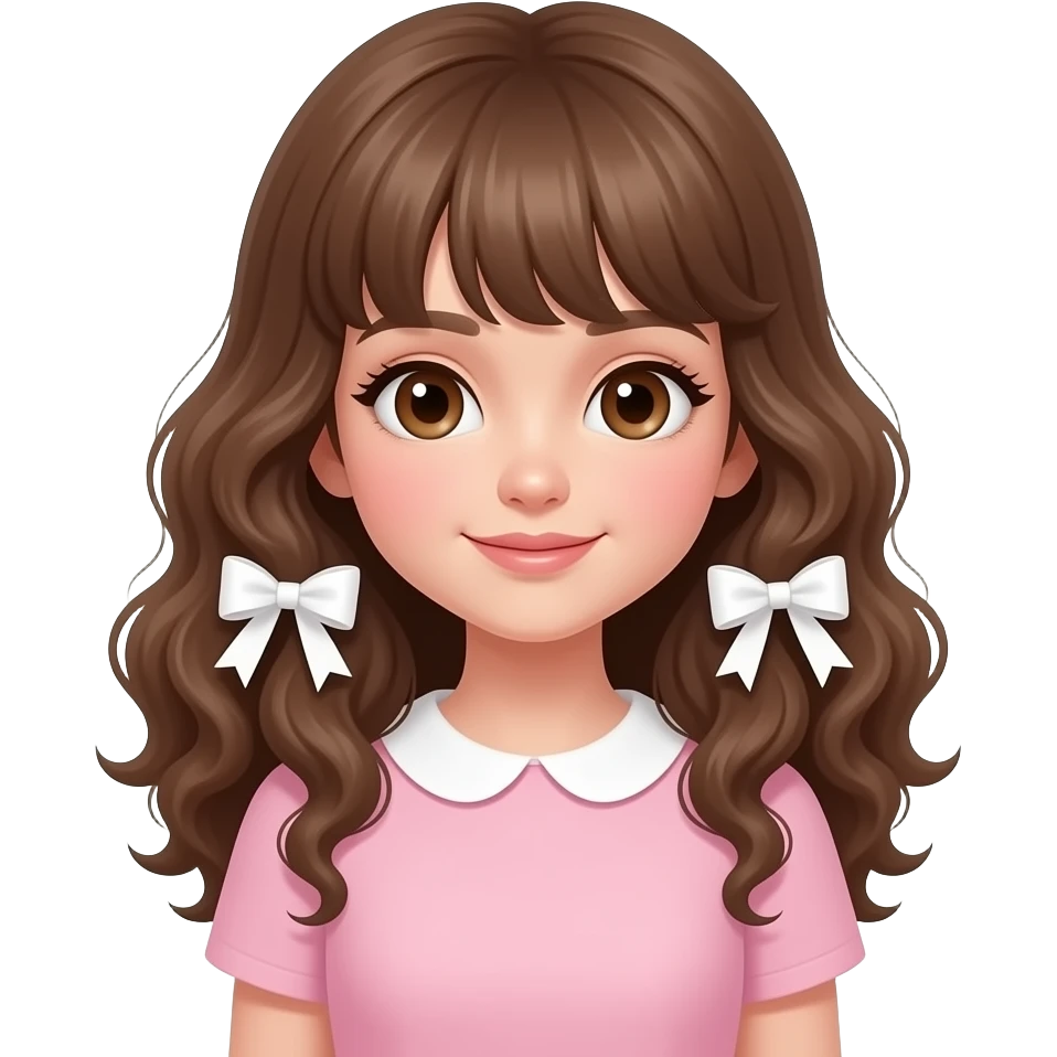 girl brown eyes, brown slightly curly very long hair with bangs, pale pink dress, white hair bows, pixel horror game style emoji