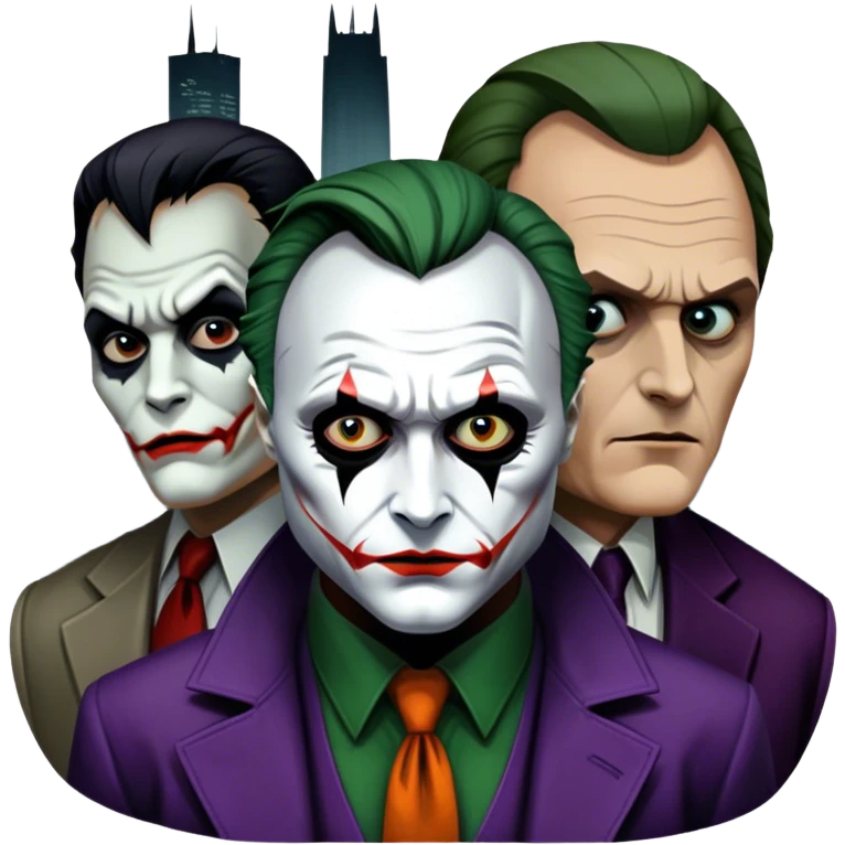 Thriller movie icon: A close-up collage with eerie, dramatic elements. Include the Joker, Hannibal Lecter, and a dark, moody Gotham City skyline in the background. The characters should look intense and shadowed, creating a tense atmosphere. Transparent background. emoji