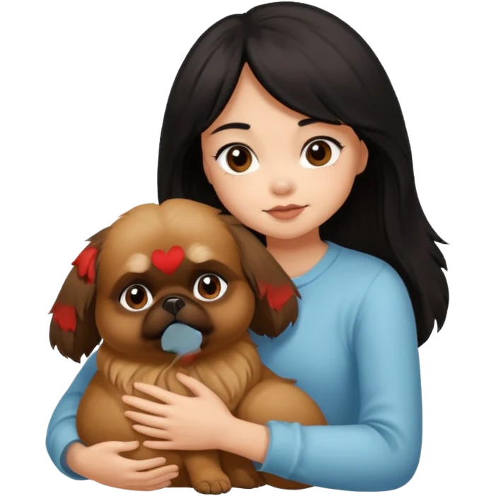 black hair girl hugging brown pekingese dog that looks a little bit like brown gremlin emoji