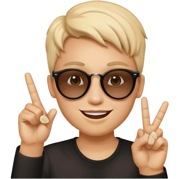 Smiley face with sunglasses and kissy face and peace sign fingers emoji