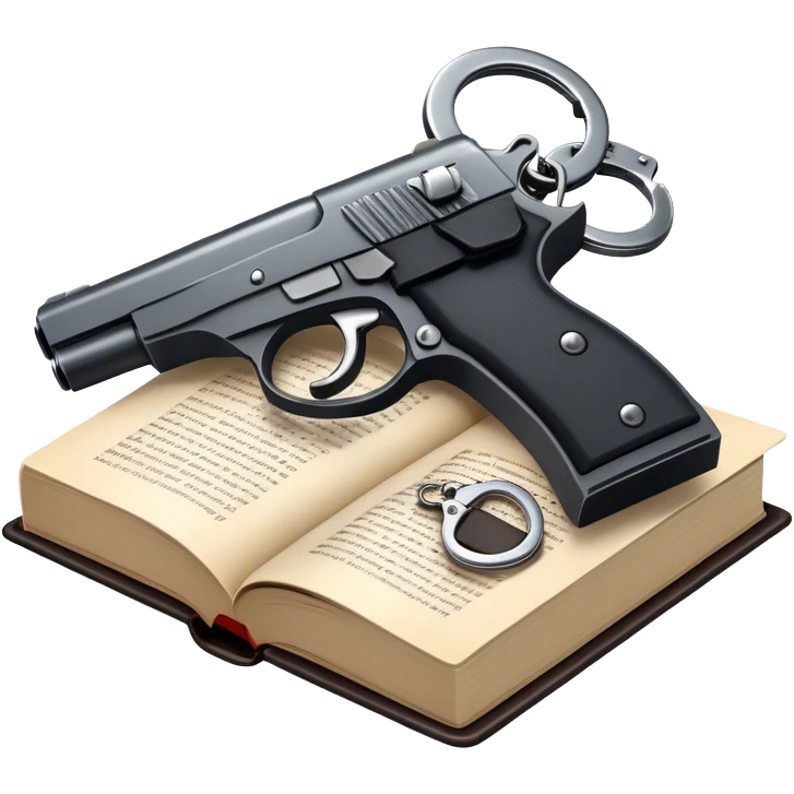 Icon for Action & Crime Reading: an open book with dramatic action scenes, surrounded by a gun, handcuffs, a badge, and a shadowy figure. The icon should evoke suspense, danger, and intrigue of crime and action stories. Transparent background. emoji