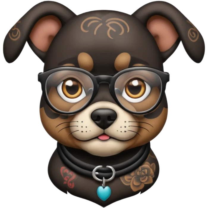 tattooed dog with heavy face tattooes and glassess, black emoji